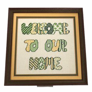 Embroidered Welcome To Our Home Frame Wall Hanging Decor Retro Yellow Green 9"